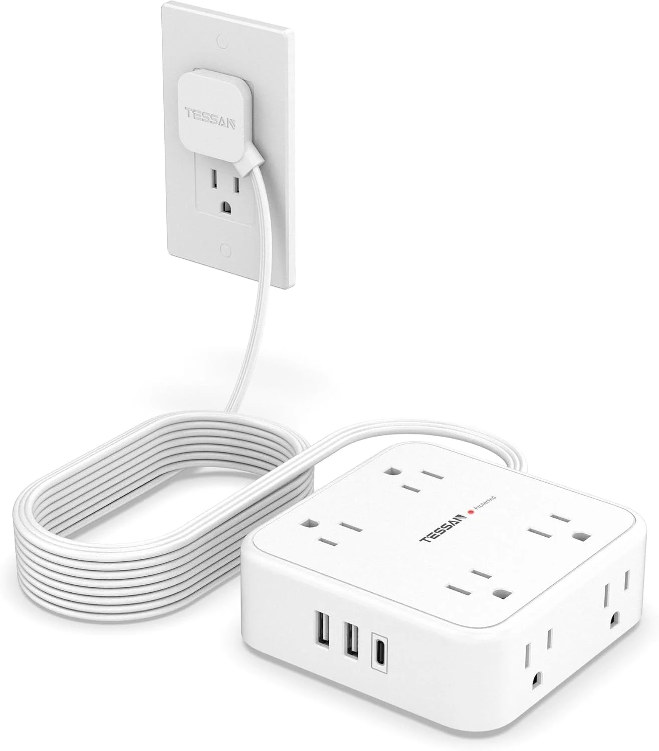 Regleta de protección TESSAN con 8 salidas AC, 3 puertos USB y cable de 15 pies, blanca