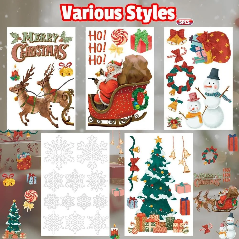 Calcomanías navideñas de copos y renos para ventanas, decoración interior y exterior, reutilizables y resistentes al agua