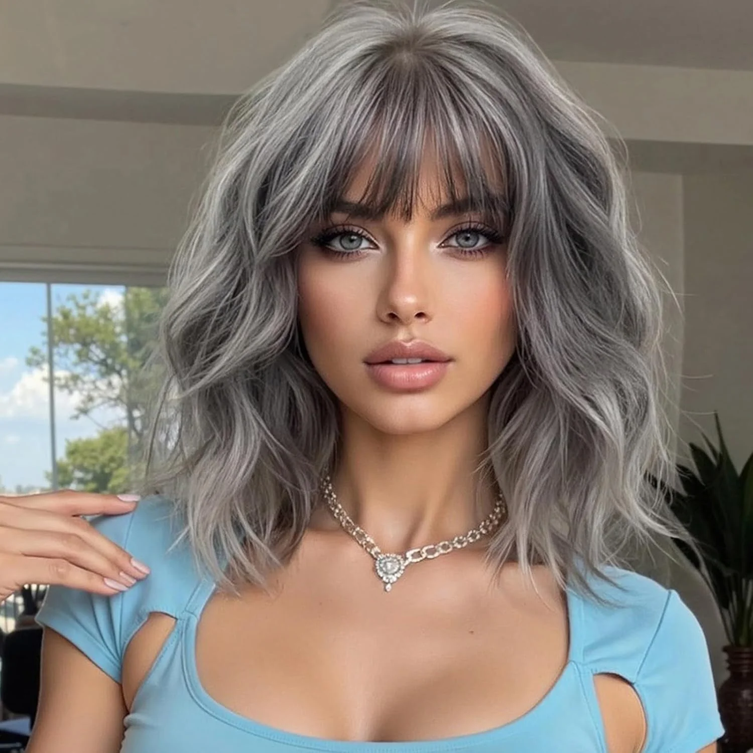 PHOENIXFLY Grey Short Wavy Bob Synthetic Wig with Bangs for Women