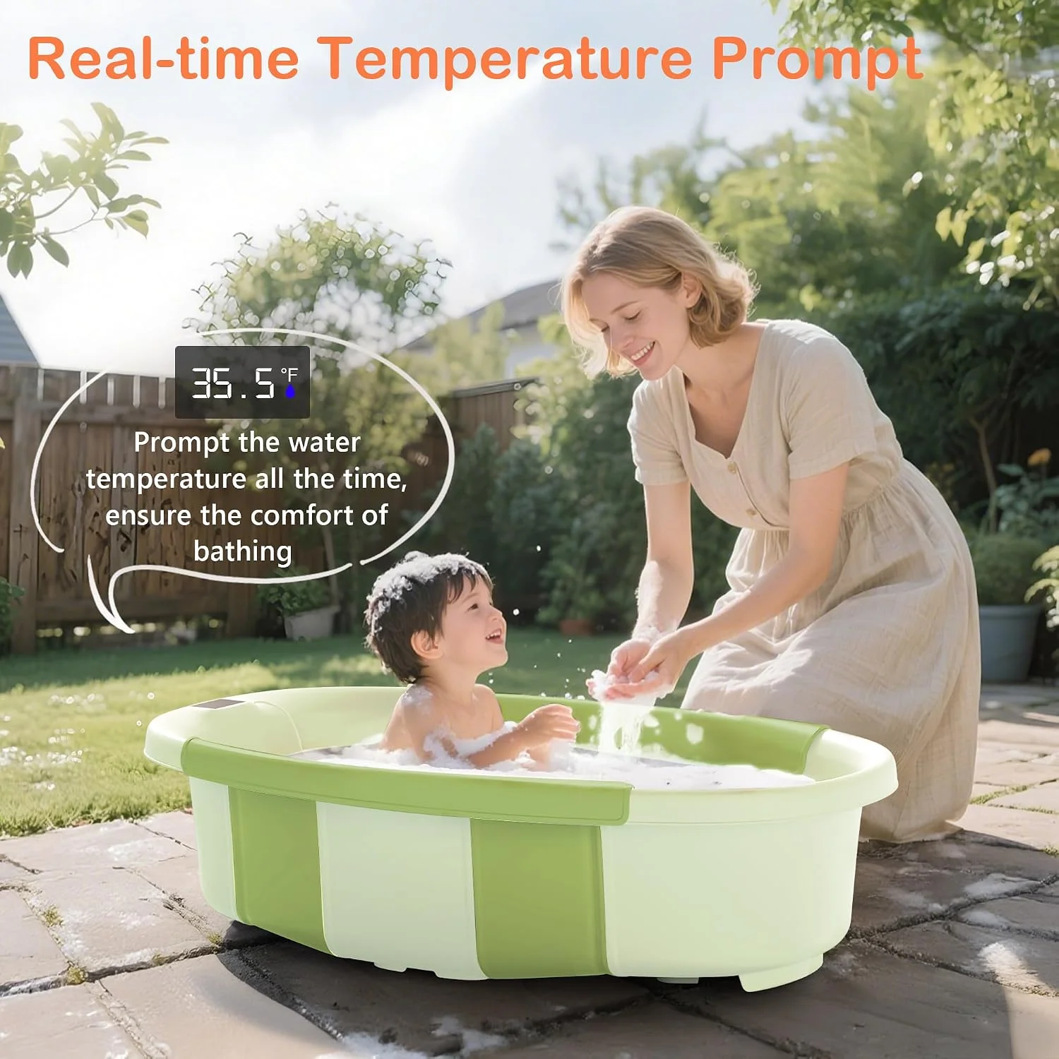 Spluvvly Bañera Plegable Grande para Bebé con Termómetro y Cojín Verde