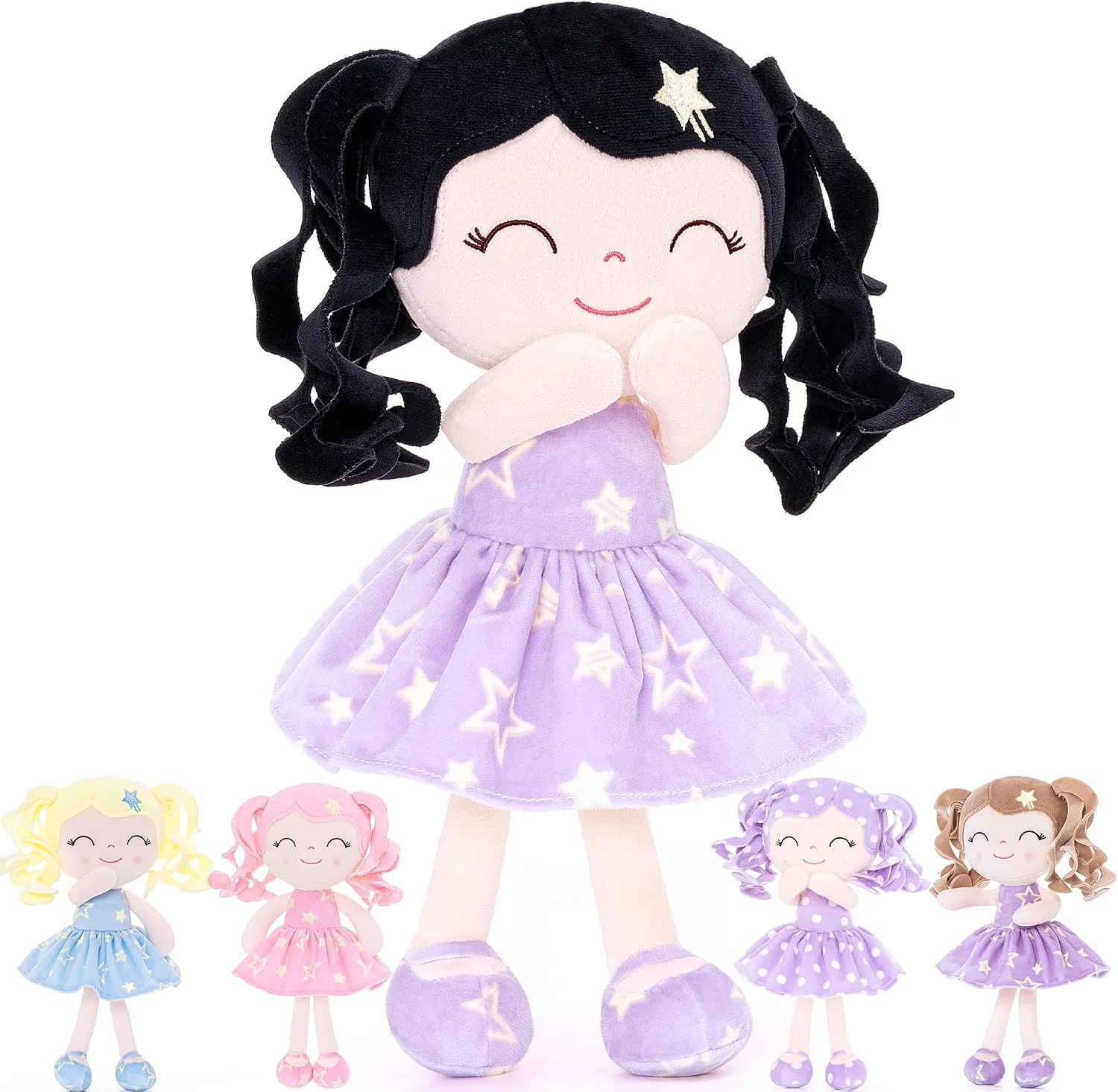 Muñeca Gloveleya bebé cabello negro vestido púrpura con estrellas 12 pulgadas