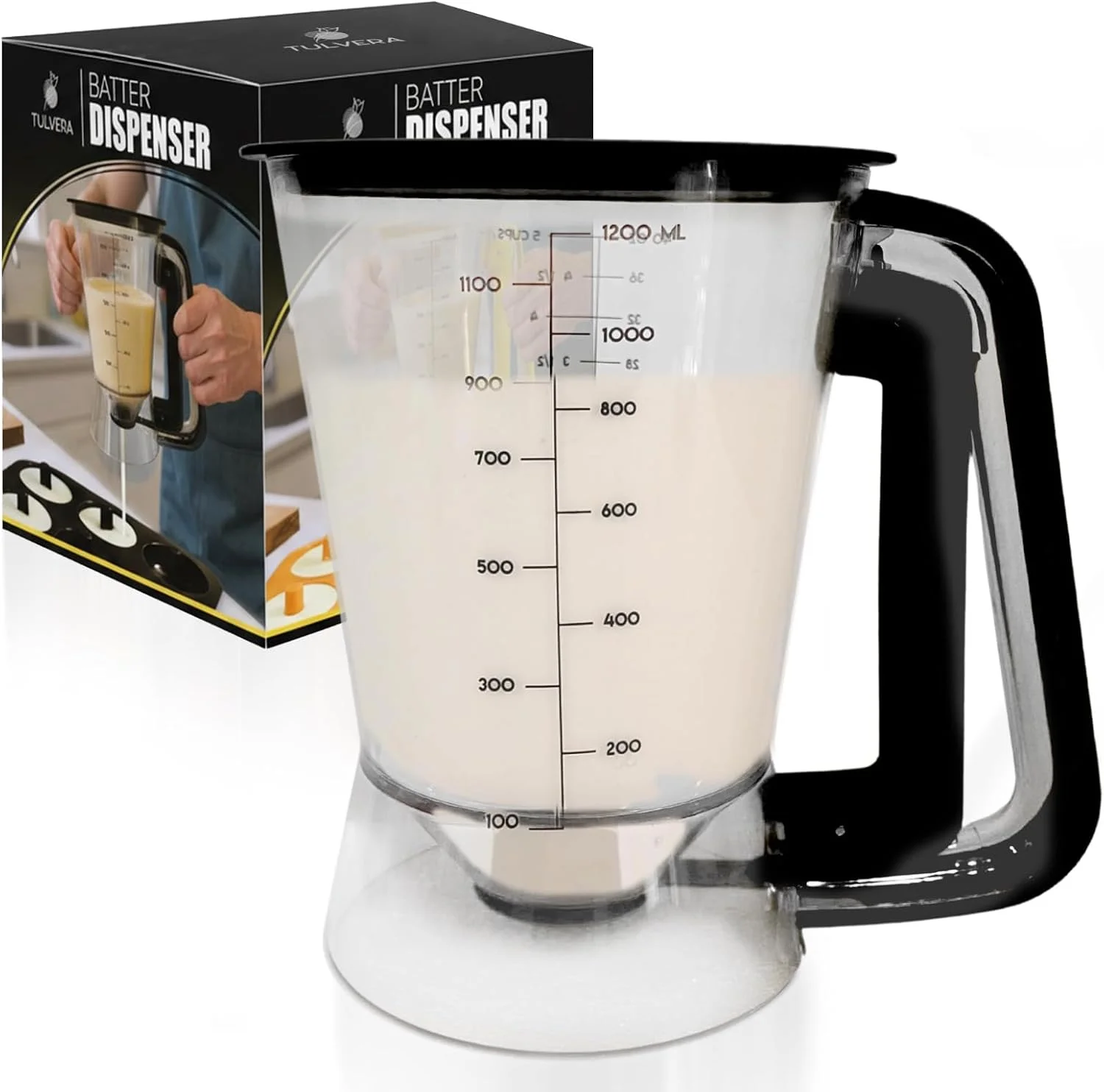 Pancake Batter Dispenser | 5-Cup Mix Pourer for Pancakes, Waffles, Crepes, Muffins, Cupcakes | Squeeze Handle, Portion Control Pitcher, Durable Drip-Free Design | Baking Accessories (Original Black)