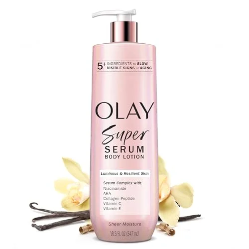 Loción corporal Olay Super Serum para piel seca, 18.5 fl oz, aroma vainilla y madera