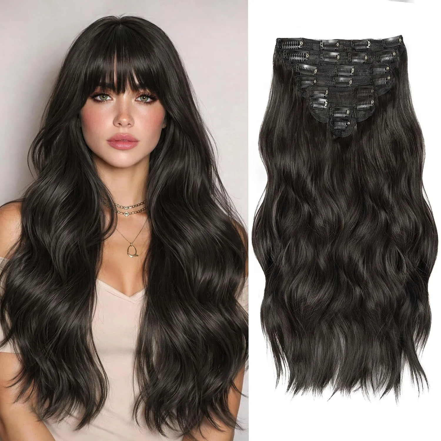 Extensiones de cabello clip in 8 piezas 20 pulgadas negro ondulado