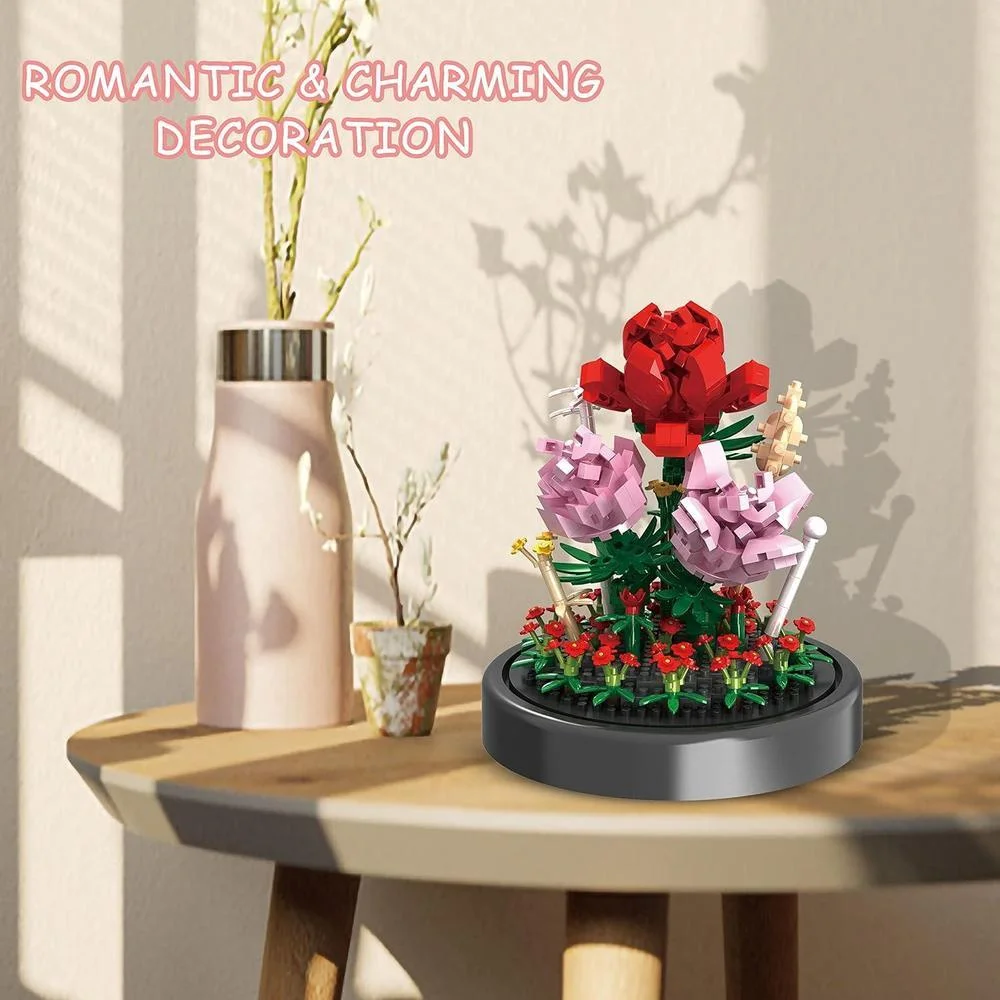 Kit ramo de flores con 524 piezas de mini ladrillos, rosas eternas en cúpula de cristal, ideal para regalos de San Valentín o decoraciones