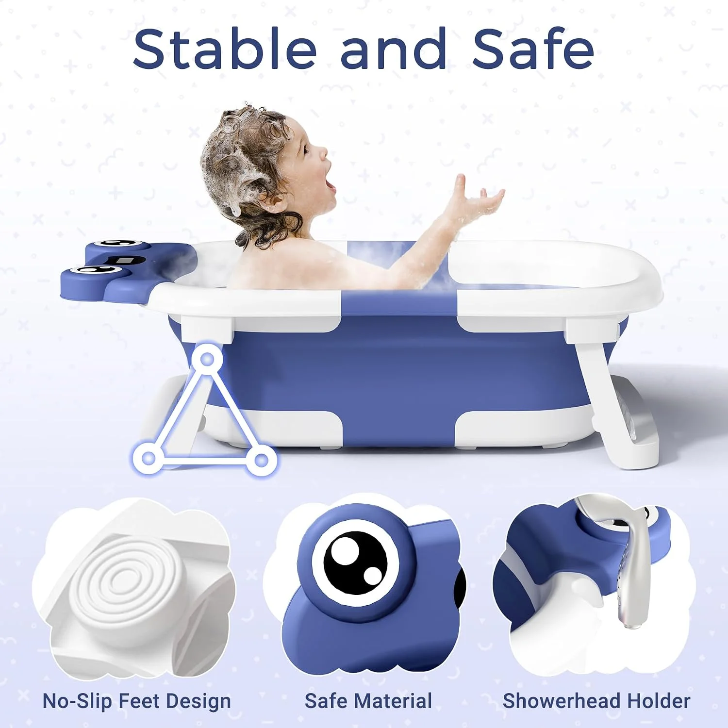 BUNWAG Bañera Plegable para Bebé con Termómetro y Cojín Azul Marino