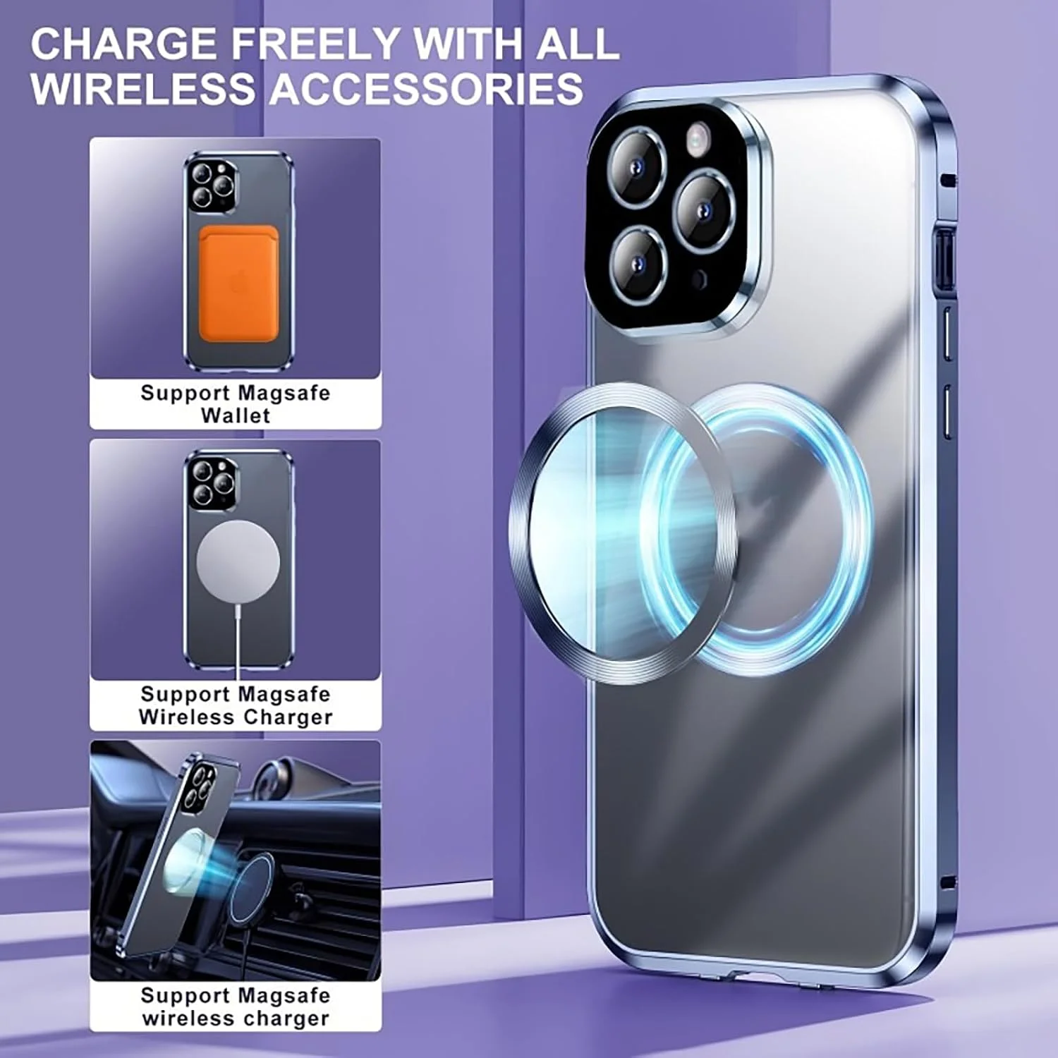 Funda para iPhone 14 Pro HUHUCASE marco metálico cristal templado doble cara púrpura