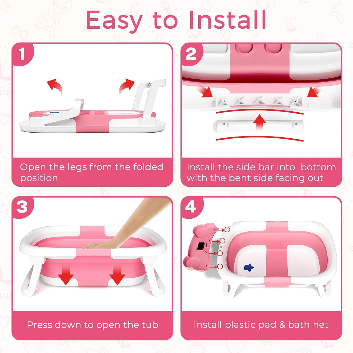 BUNWAG Bañera Plegable para Bebé con Termómetro y Cojín Rosa