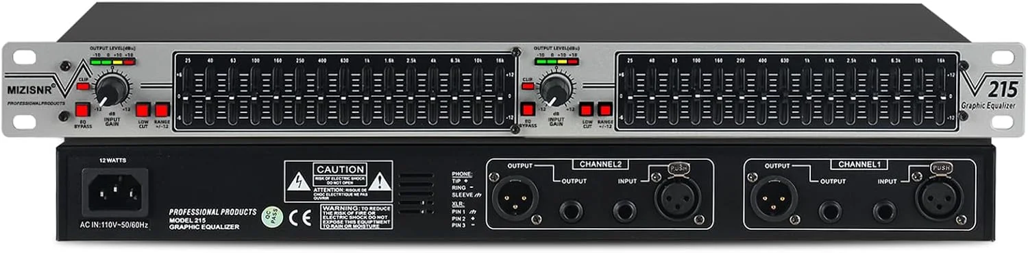 MIZISNR Graphic Equalizer 15-Band Stereo EQ for Home Audio, Dual Channel Professional Silver DJ Equalizer, Noise Reduction 1U Rack Mount (EQ-215S)