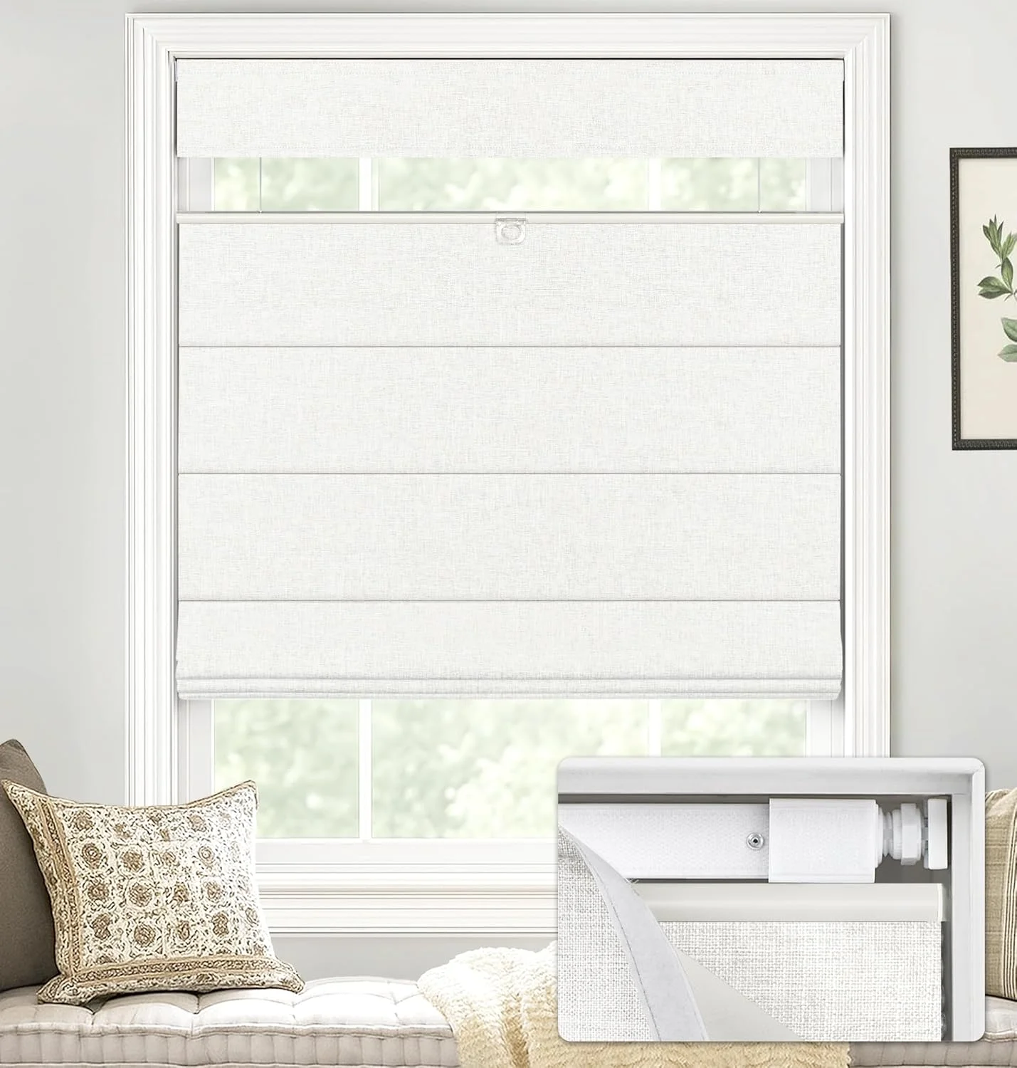LazBlinds No Drill TDBU Roman Shades, Blackout - White, 22" W x 72" H