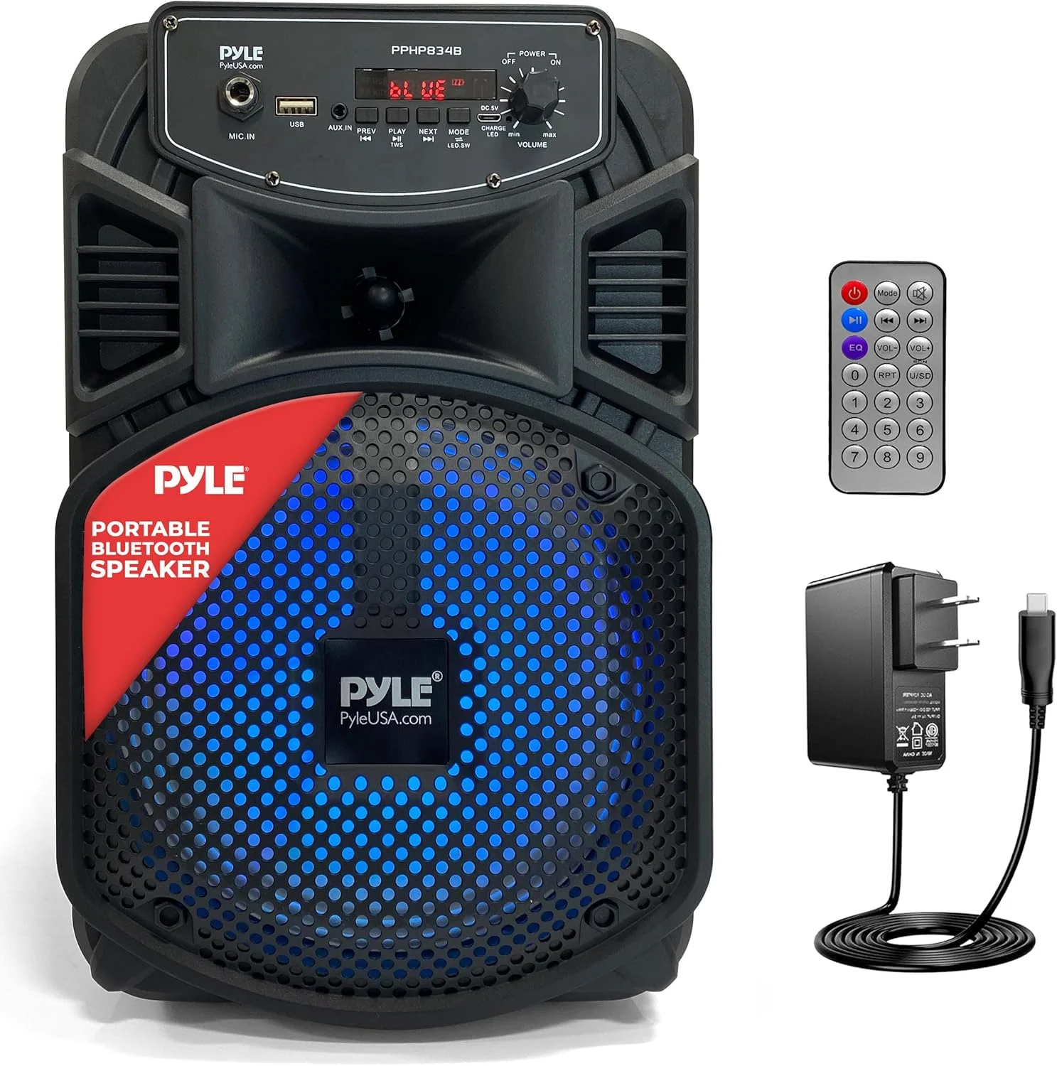 Pyle 8” Bluetooth Portable PA Speaker - 300W Karaoke Machine with Flashing LED Lights, Built-in Rechargeable Battery, FM Radio, USB/MP3 Connectivity, 300W Max Power, Bluetooth Streaming