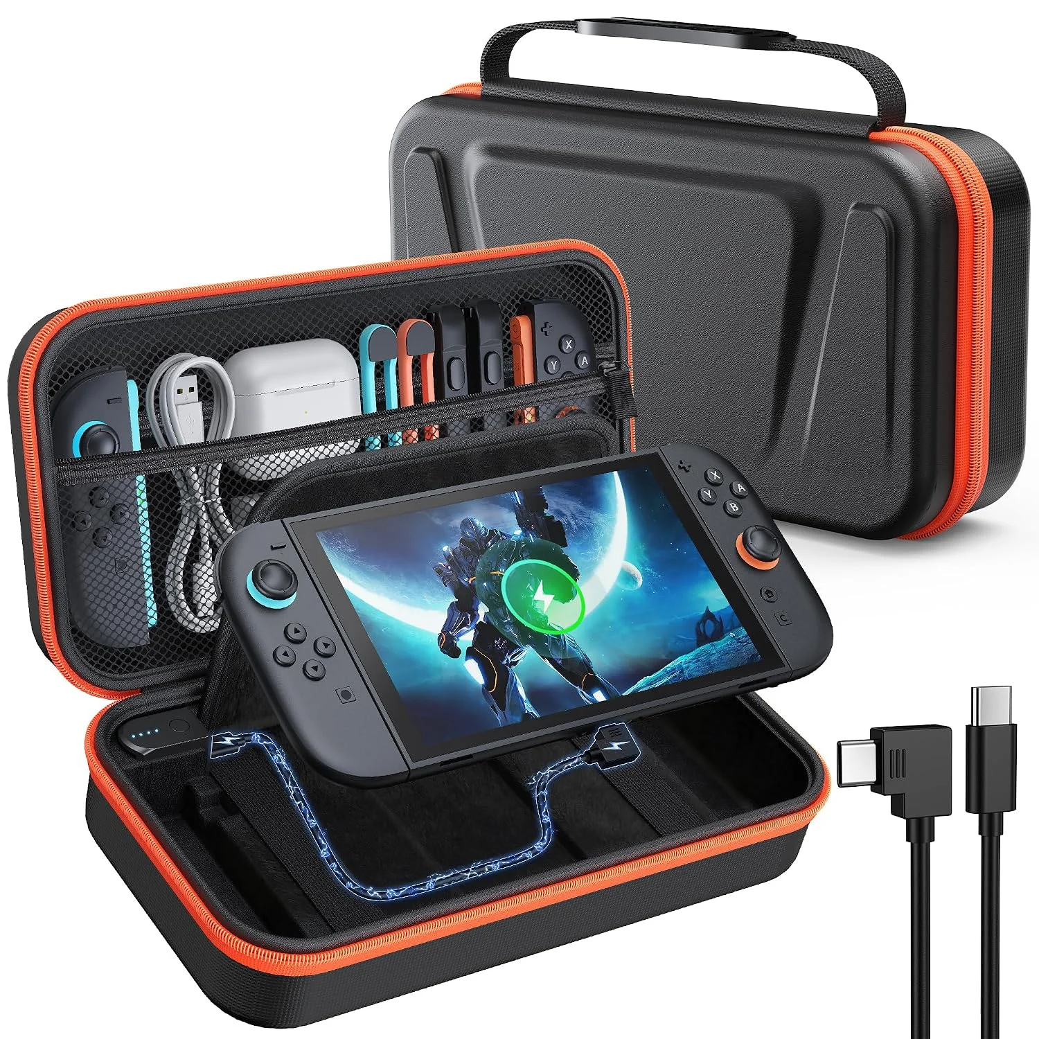 Estuche con batería y soporte para Nintendo Switch 2 Fyoung 10000 mAh Naranja y Negro