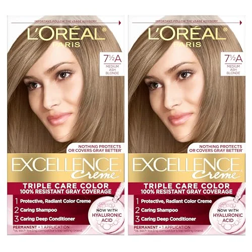 L'Oreal Paris Excellence Crème Permanent Hair Dye, Triple Care Hair Color with Hyaluronic Acid for 100% Gray Coverage, 7.5A Medium Ash Blonde, 1 Kit (Pack of 2) (Packaging May Vary)