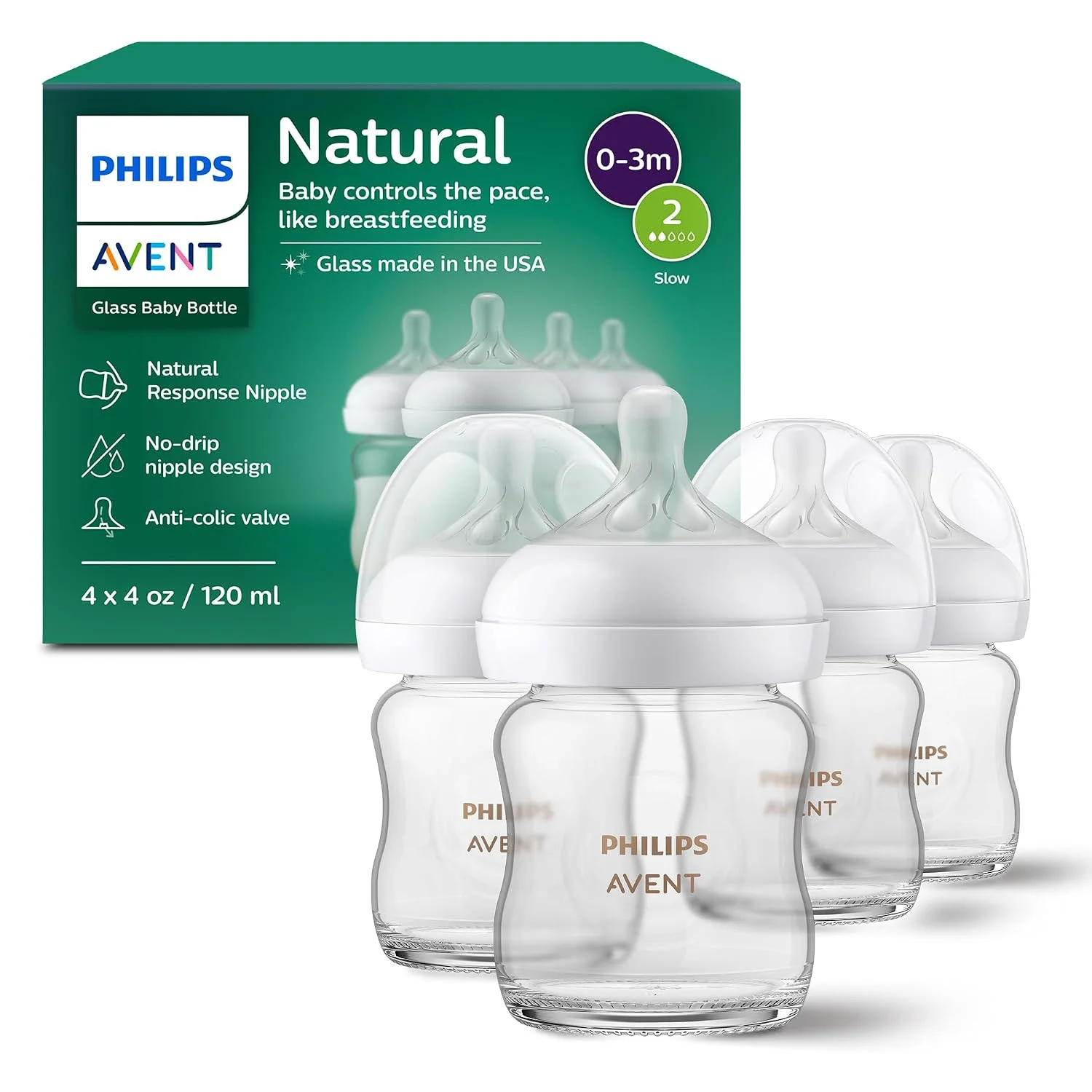 Philips Avent Natural Biberones de Vidrio 4 oz Flujo Lento Pack de 4