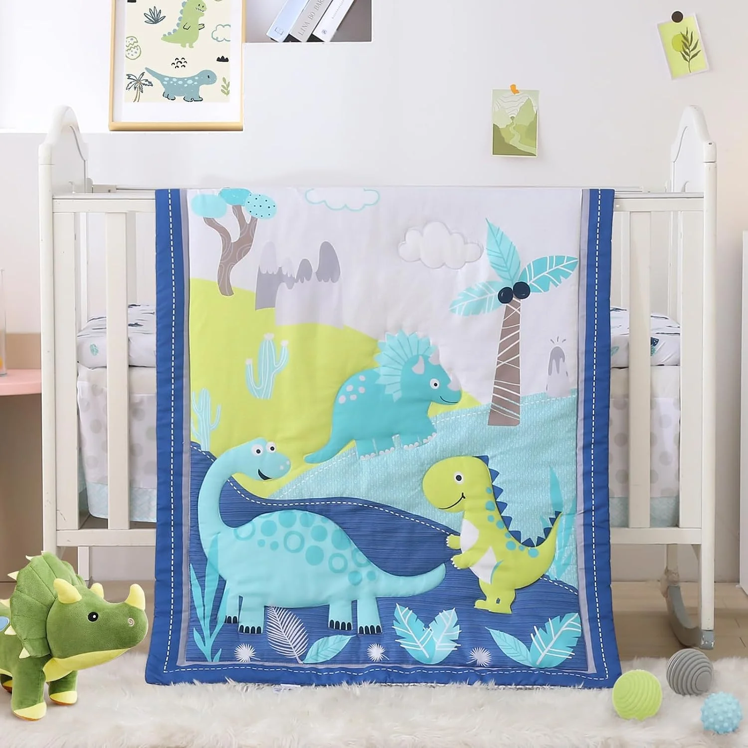 Set de cama para cuna mini Wowelife diseño dinosaurios azul 3 piezas