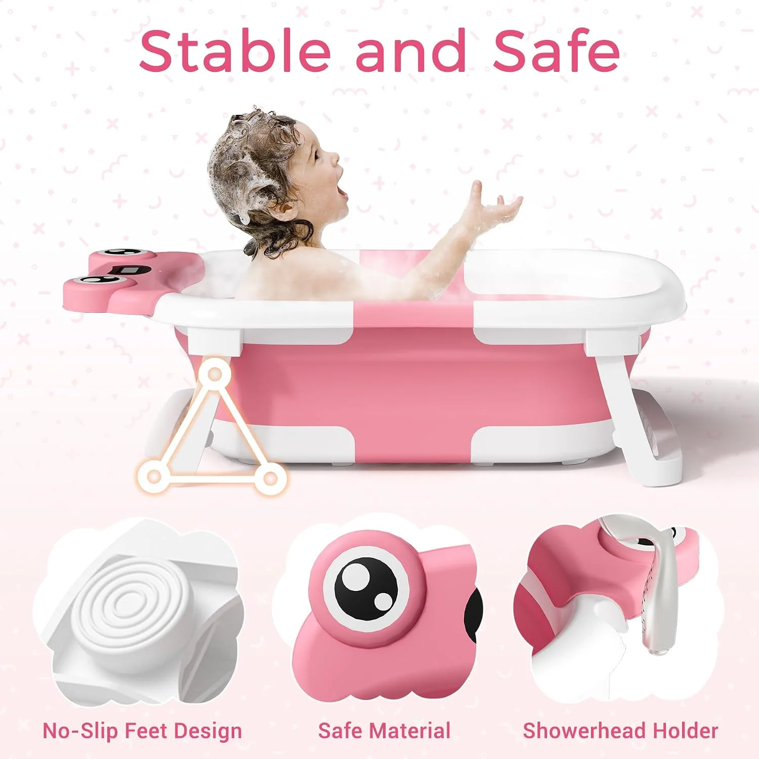 BUNWAG Bañera Plegable para Bebé con Termómetro y Cojín Rosa