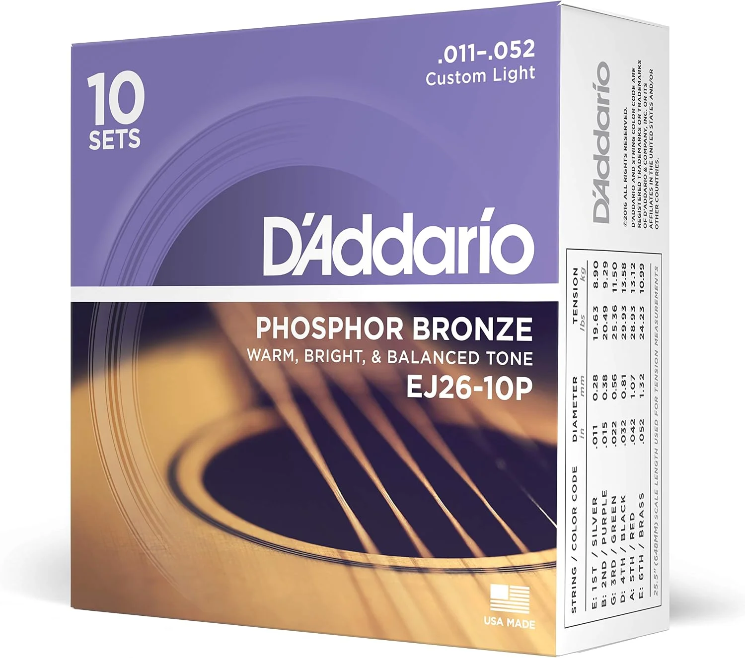 Cuerdas para guitarra acústica D'Addario EJ26-10P Phosphor Bronze 11-52, pack 10 juegos