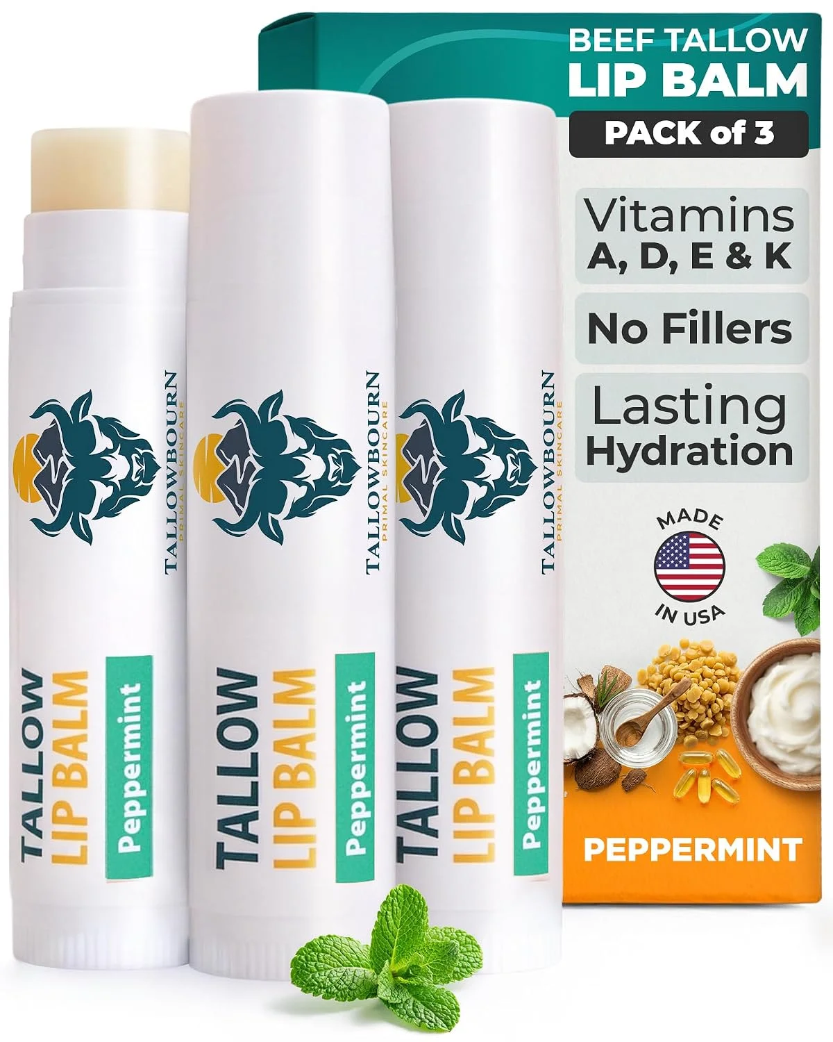Bálsamo Labial Hidratante Tallowbourn Grass-Fed Beef Tallow Menta Pack 3