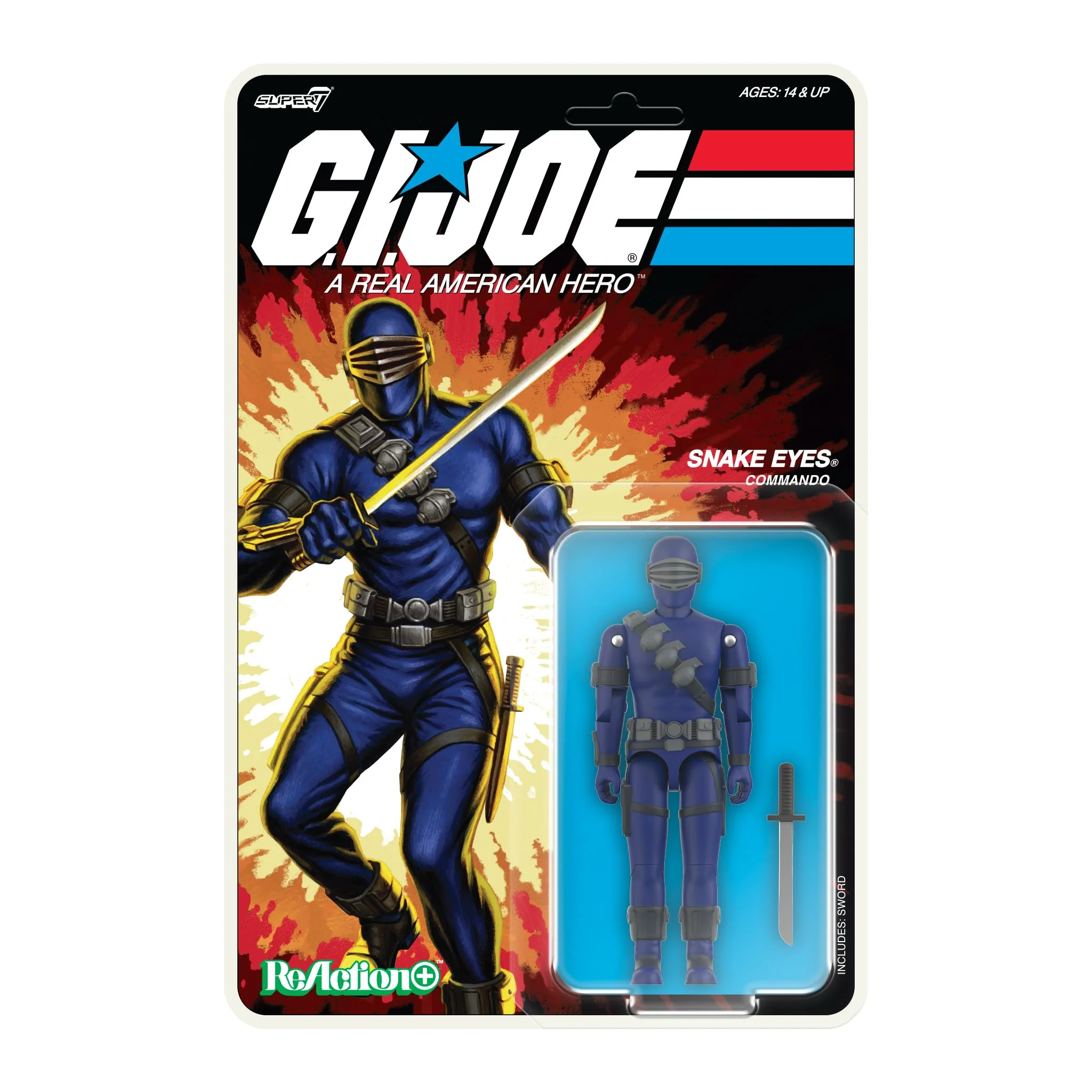 Figura de acción Super7 G.I. Joe Reaction+ Wave 03 Snake Eyes Cartoon 3.75 pulgadas
