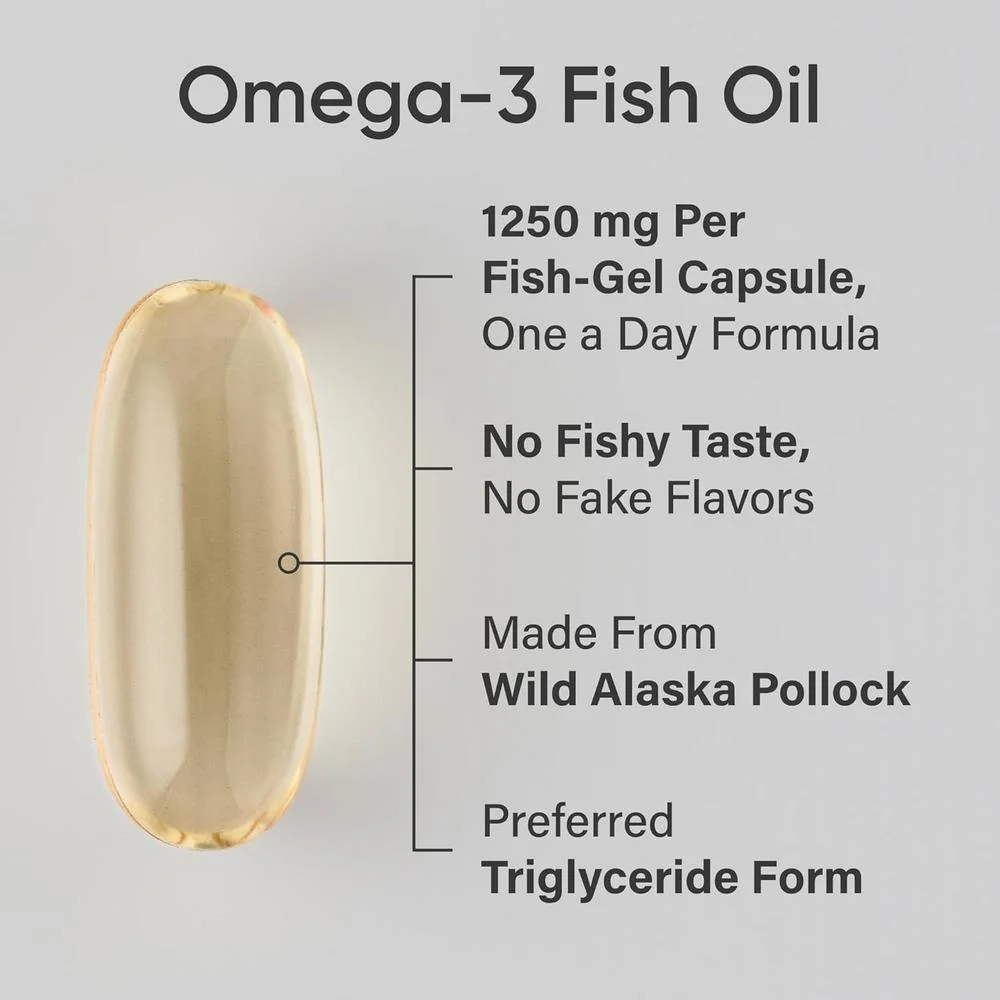 Omega-3 Aceite de Pescado 1250 SR - Suplemento de triple fuerza de pollock de Alaska sostenible, sin OGM ni soja, 180 cápsulas blandas