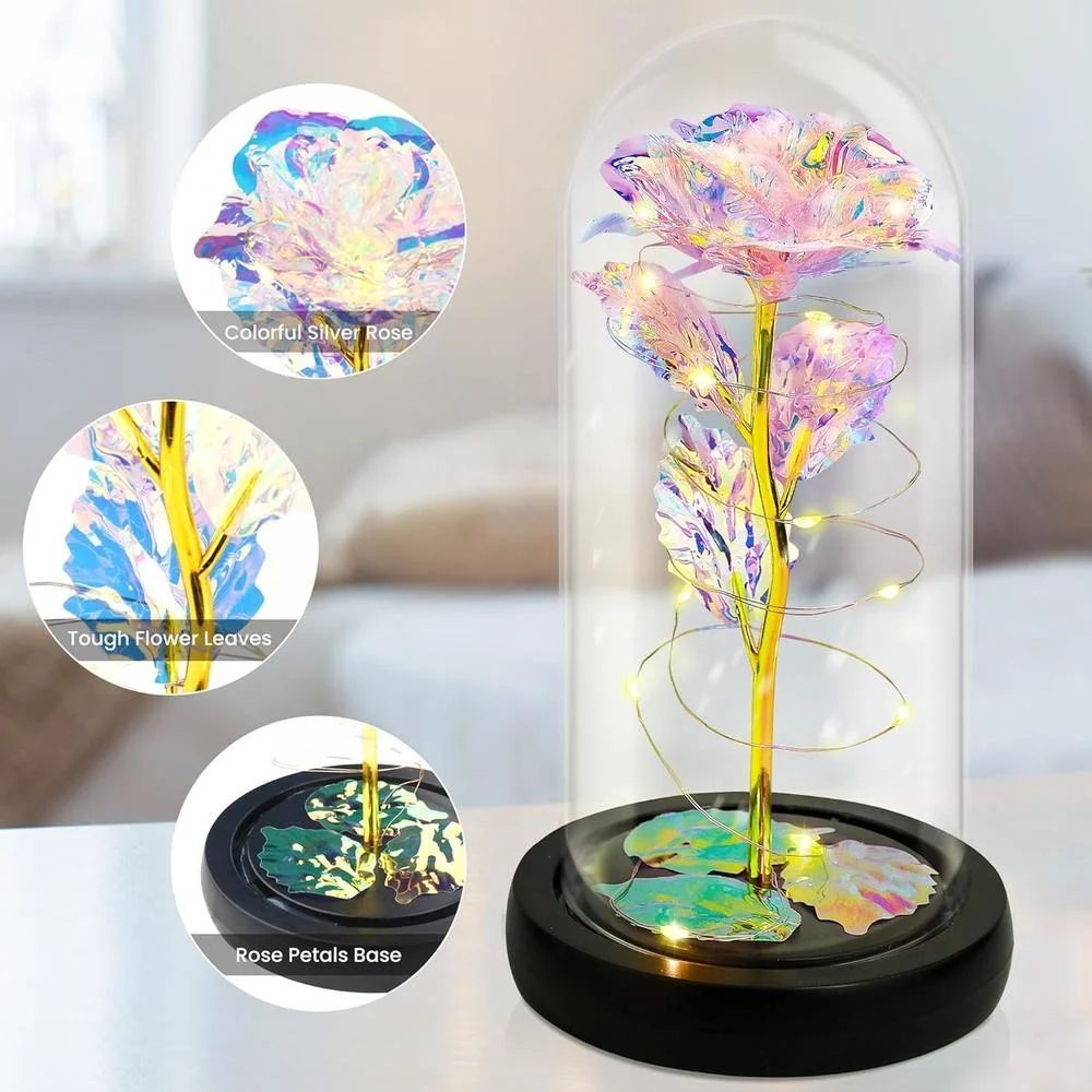 Rosa eterna en domo de cristal con luz LED