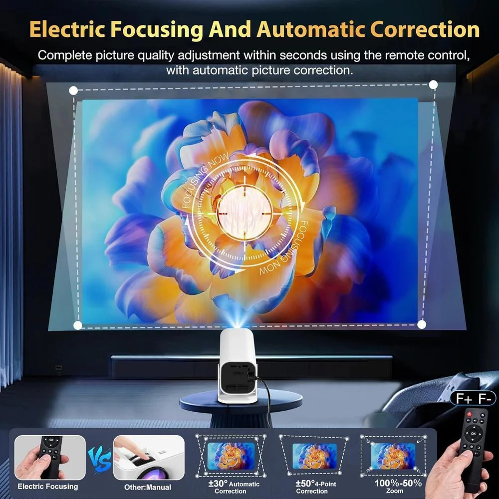 Proyector portátil con WiFi y Bluetooth, enfoque eléctrico y aplicaciones integradas, compatible con smartphones