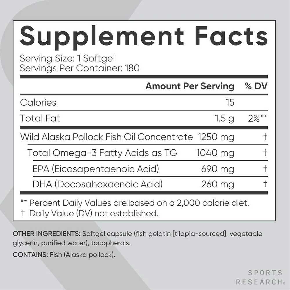 Omega-3 Aceite de Pescado 1250 SR - Suplemento de triple fuerza de pollock de Alaska sostenible, sin OGM ni soja, 180 cápsulas blandas