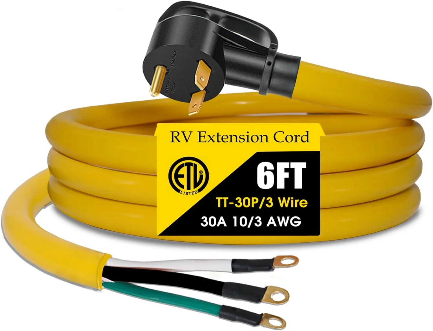 3 Prong Replacement Power Cord Compatible with NEMA TT-30P 30 Amp 125V Extension Cable with Open End for RV and Tralier, ETL Listed (6FT)