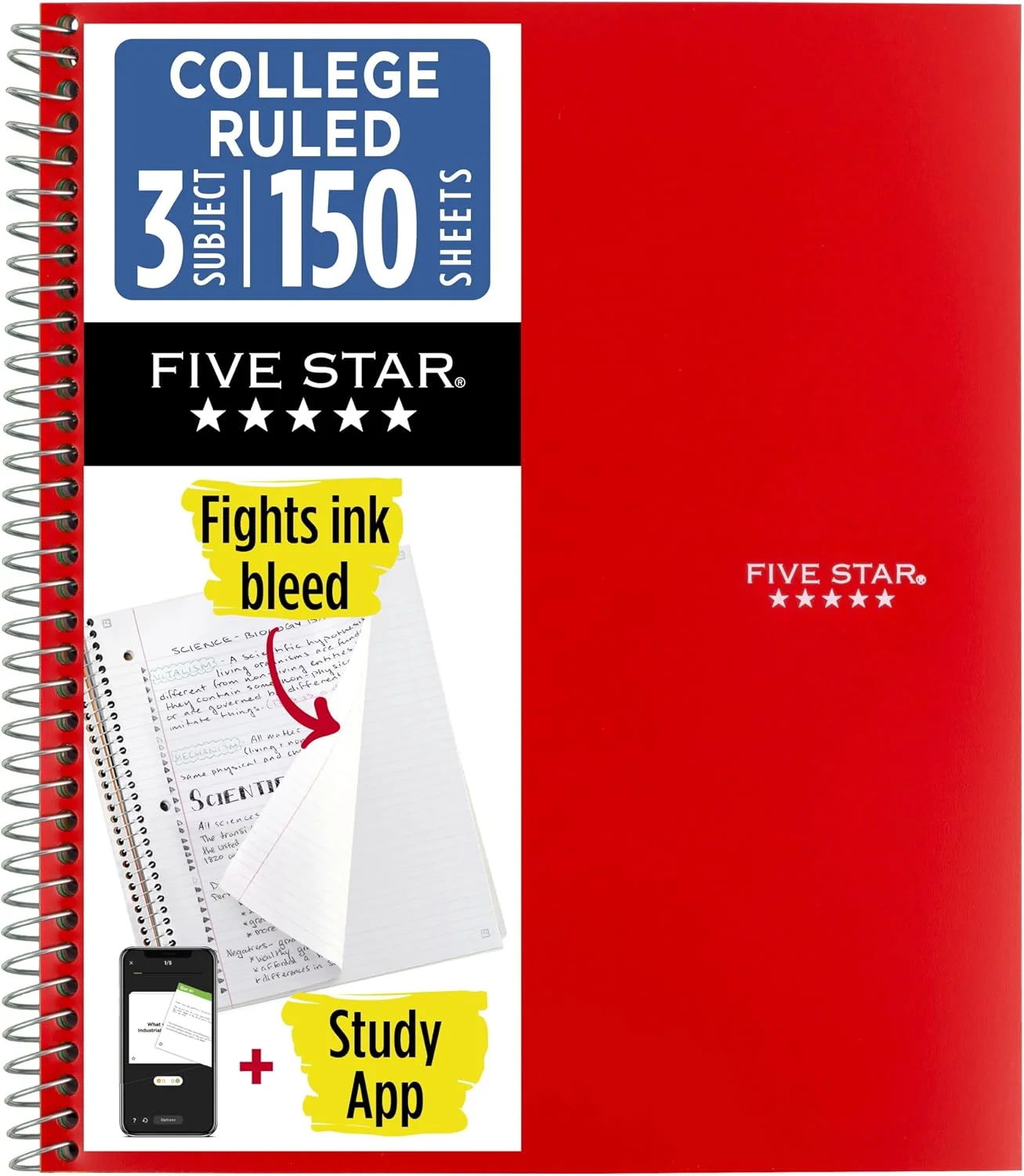 Five Star Spiral Notebook + Study App, 3 Subject, College Ruled Paper, 8-1/2" x 11", 150 Sheets, Fights Ink Bleed, Water Resistant Cover, Fire Red (72065)