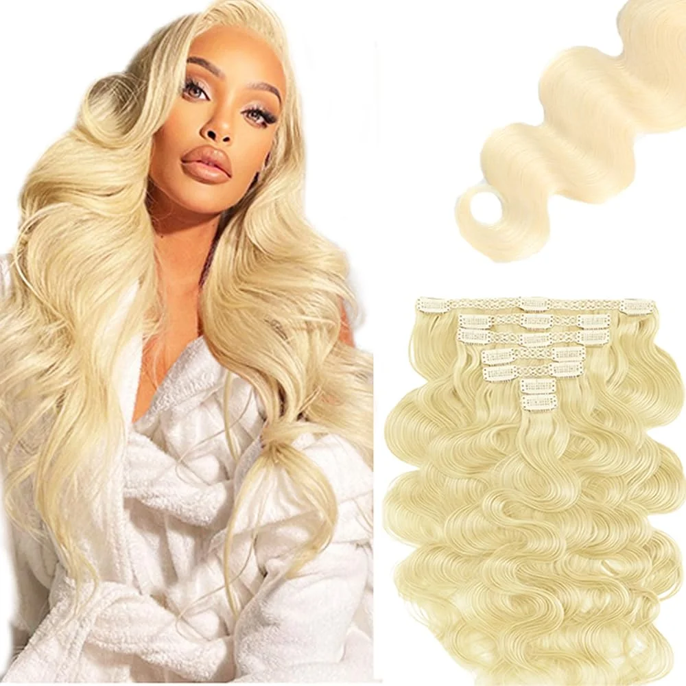 Extensiones de cabello clip-in rubio #613 14 pulgadas 120g 7 piezas ondas cuerpo cabello humano Remy