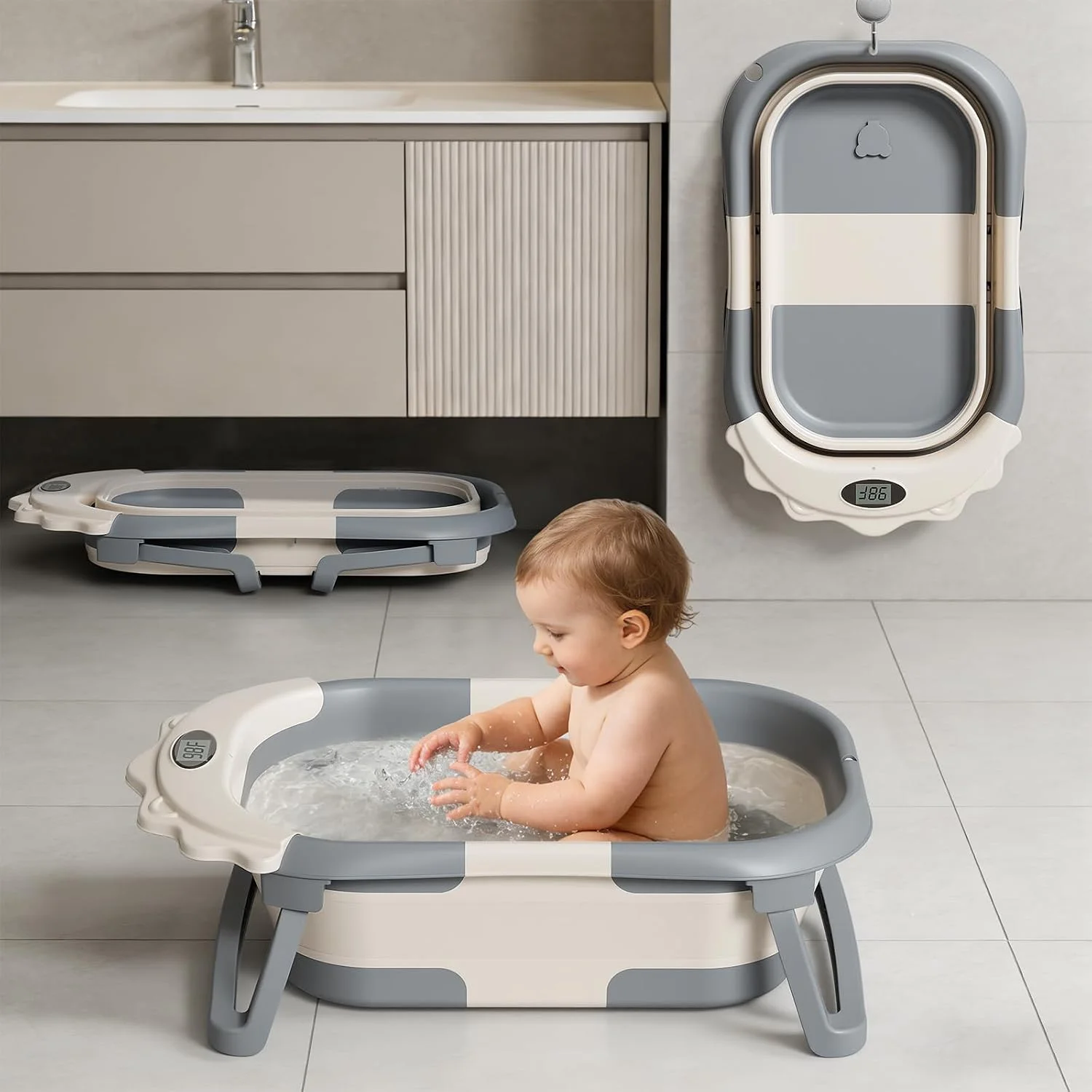 TPN Grow-with-Me 4 en 1 Bañera Plegable con Cojín y Termómetro Gris