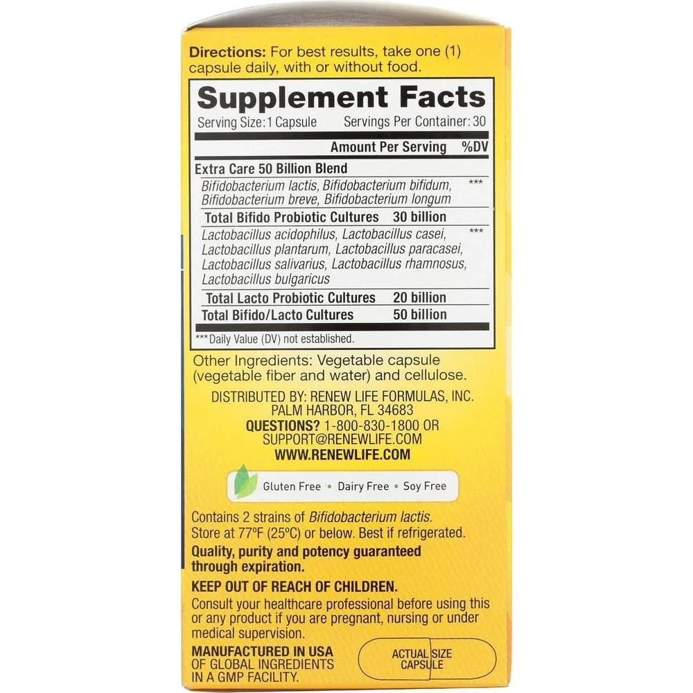 Renew Life Última Flora Probiótica Cuidado Extra, Suplemento de Salud Digestiva e Inmunológica Sin Lácteos, Soya, Gluten