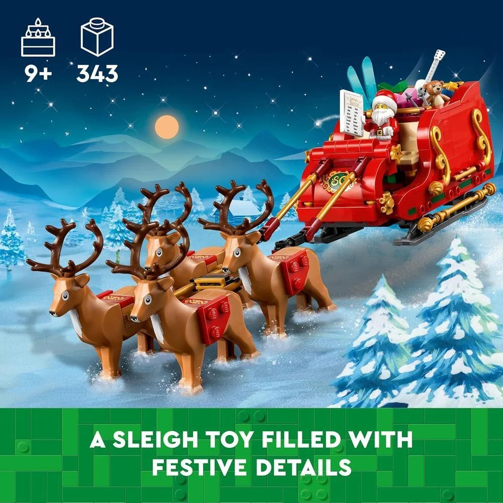 Juego exclusivo LEGO Trineo de Santa con figura de Papá Noel y renos, ideal para amantes de la Navidad y LEGO