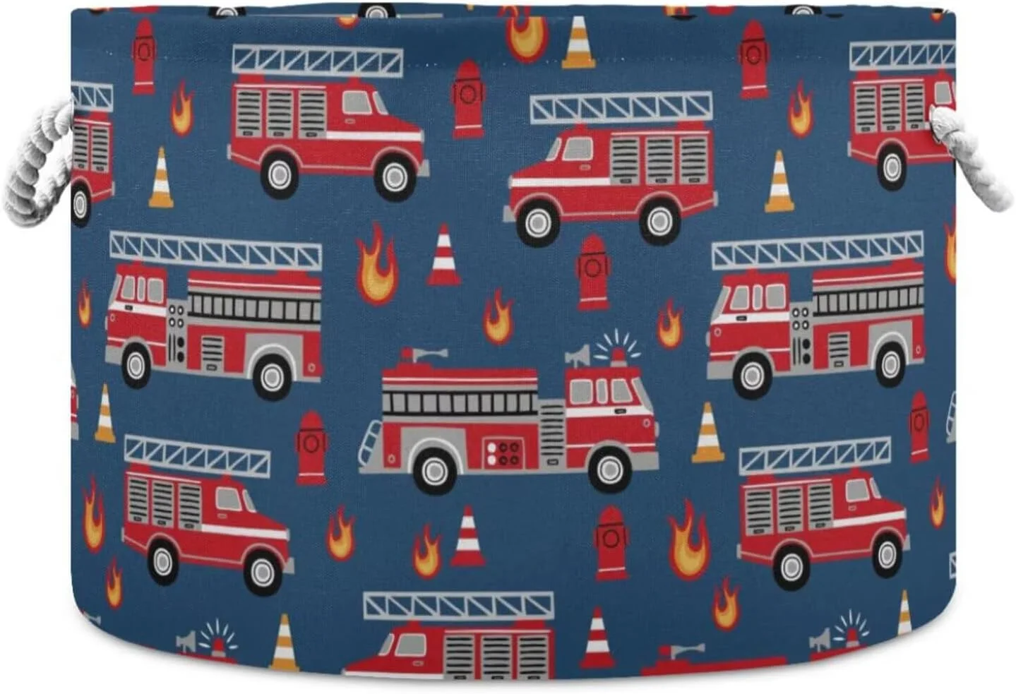 Cesta organizadora redonda plegable con estampado de camiones de bomberos