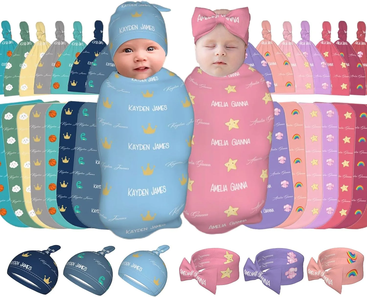 Manta envolvente personalizada para bebé con gorro y cinta para la cabeza