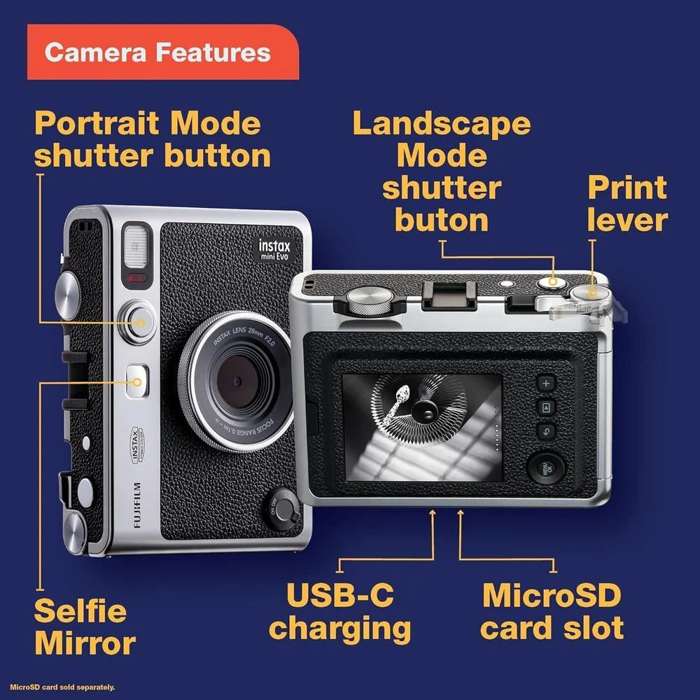 Cámara instantánea híbrida Fujifilm Instax Mini EVO color marrón, impresión de fotos Instax Mini de alta calidad