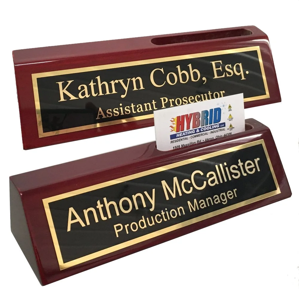 Name Plate for Desk Engraved in USA by Griffco Supply | Desk Name Plate Personalized Plaque with Business Card Holder