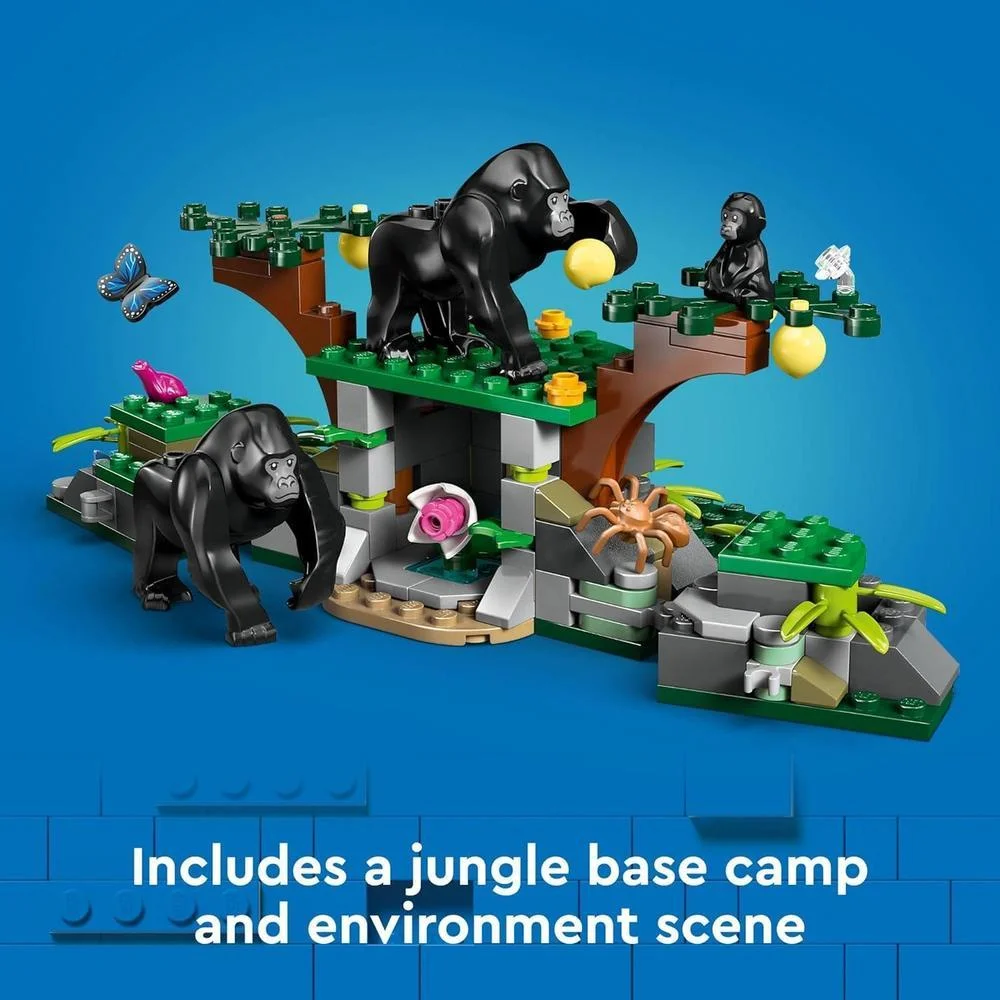 LEGO City Jungle Explorer, helicóptero de juguete en campamento base con 5 minifiguras y figuras de gorila, para niños de 8 años en adelante