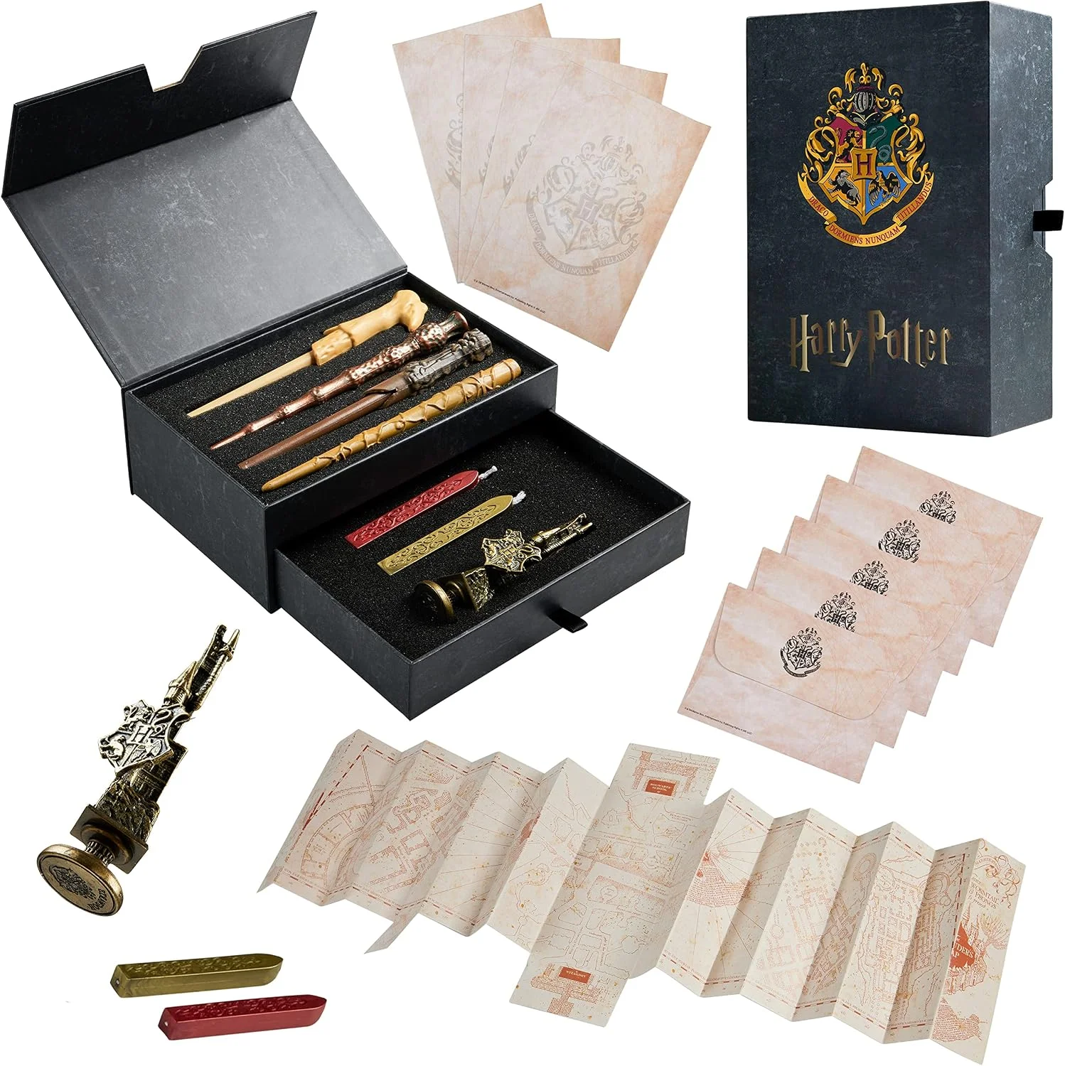 Harry Potter Gifts Writing Set with Wand Pens Stationery Box for Boys Girls Teens Kids Adults with Marauders Map Envelopes Paper Wax Stick Stamp