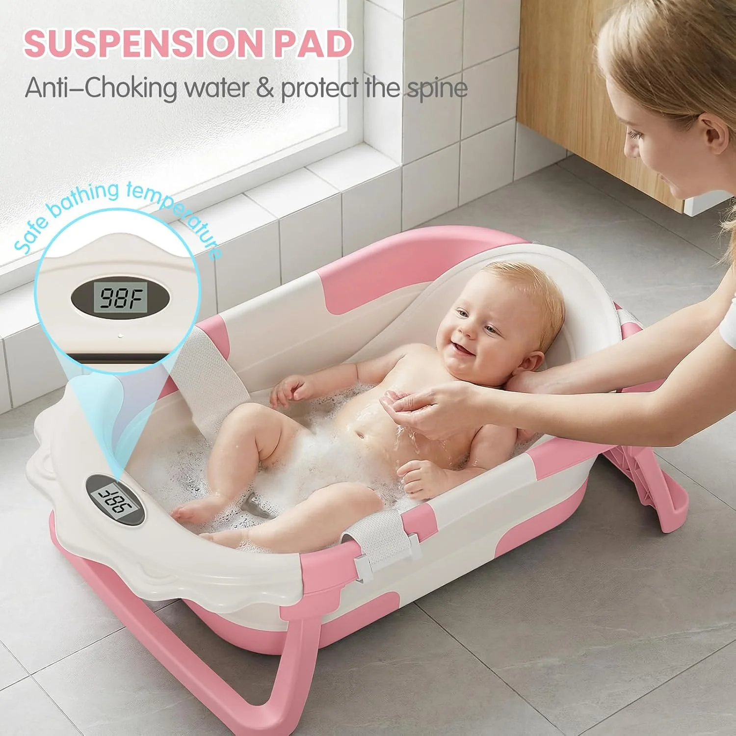 TPN Grow-with-Me 4 en 1 Bañera Plegable con Cojín y Termómetro Rosada