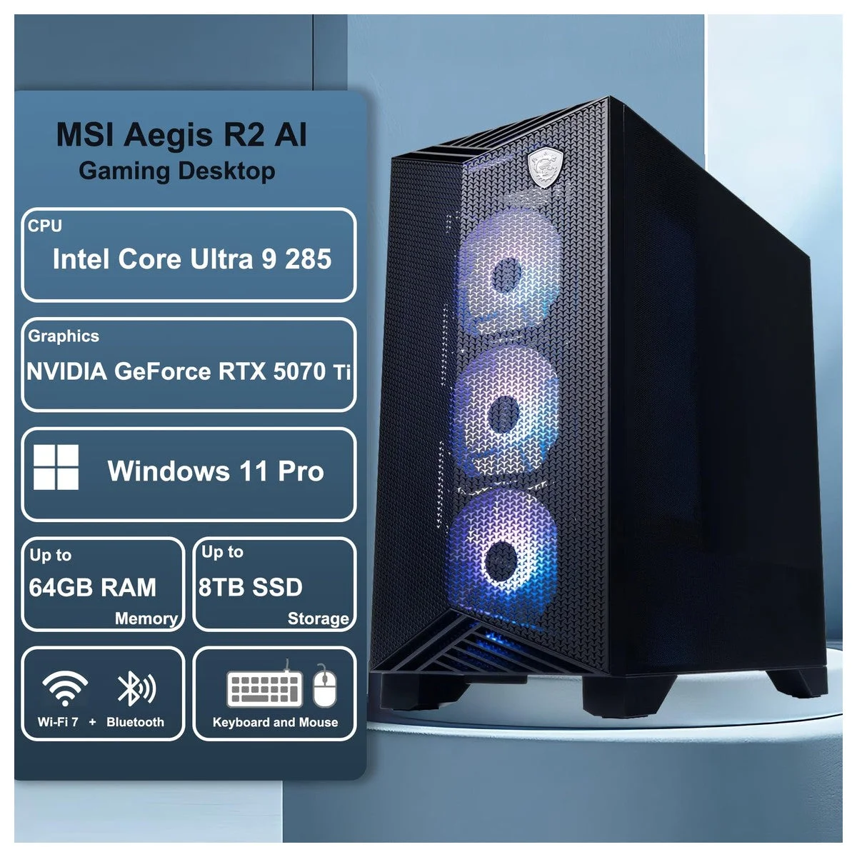 MSI Aegis R2 AI 2nd Gaming Desktop Intel 24-core Ultra 9, 64GB RAM, 4TB SSD, GeForce RTX 5070 Ti, 5Gb LAN, Wi-Fi 7
