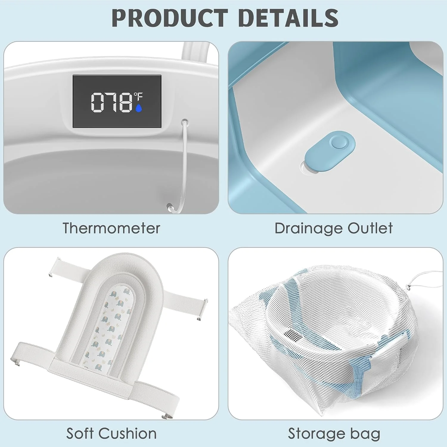 Himold Bañera Plegable Amplia para Bebé con Termómetro y Cojín Celeste