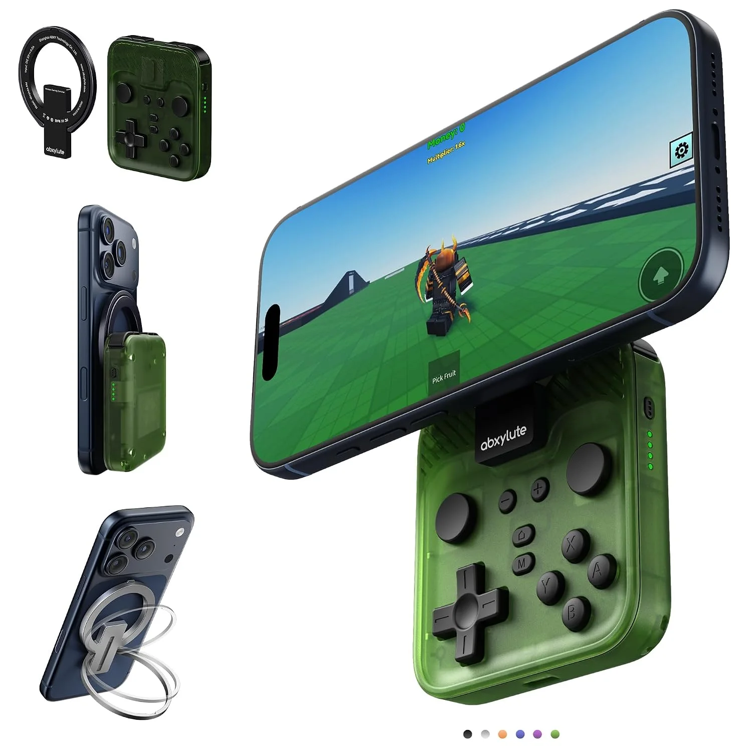 abxylute M4 Snap-On Mobile Gaming Controller for Android & iPhone, Switch 1&2, Portable Bluetooth Controller, Pocket-Sized Retro Arcade Phone Gamepad Kickstand, Dual Joystick Turbo Pro Gaming Magnetic (Green)