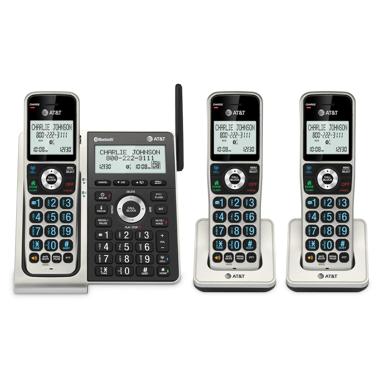 Teléfono fijo inalámbrico AT&T BL3107-3 DECT 6.0 con 3 auriculares, color titanio negro