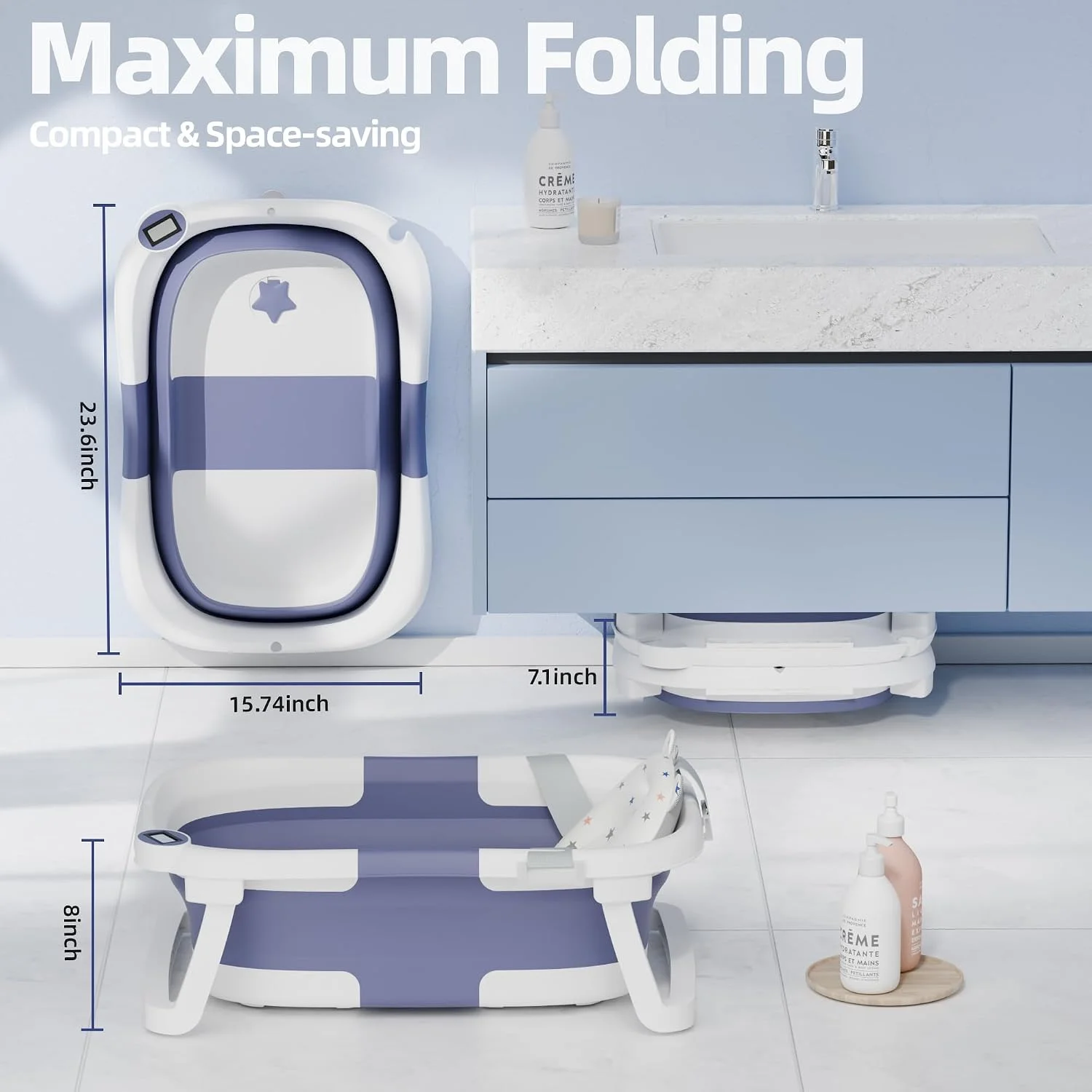 iBabyMax Bañera Plegable para Bebé con Termómetro 0 a 36 Meses Azul