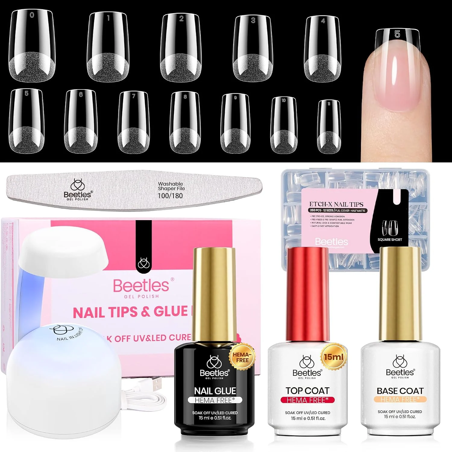 Uñas postizas Beetles Gel Polish Etch-X cuadradas cortas 288 piezas 12 tamaños