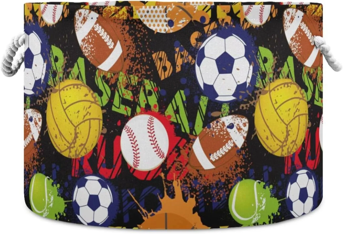 Caja organizadora redonda plegable con asas estampado pelotas de deporte