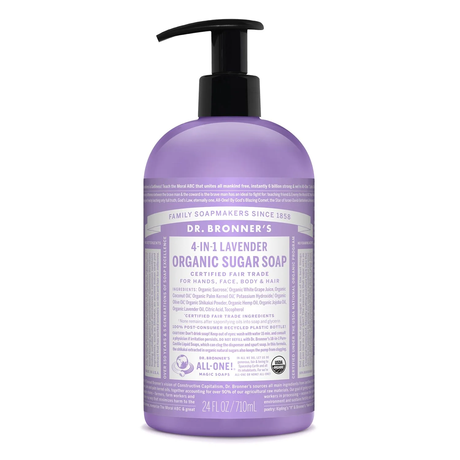Dr. Bronner's - Organic Sugar Soap (Lavender, 24 Ounce) - Made with Organic Oils, Sugar and Shikakai Powder, 4-in-1 Uses: Hands, Body, Face and Hair, Cleanses, Moisturizes and Nourishes, Vegan