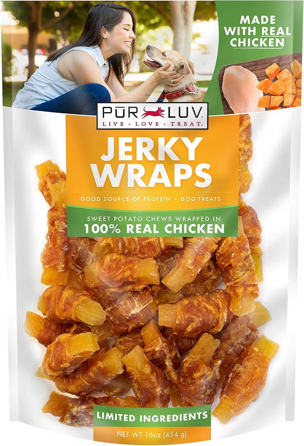 Snacks para perros Pur Luv pollo envuelto en camote 16 oz