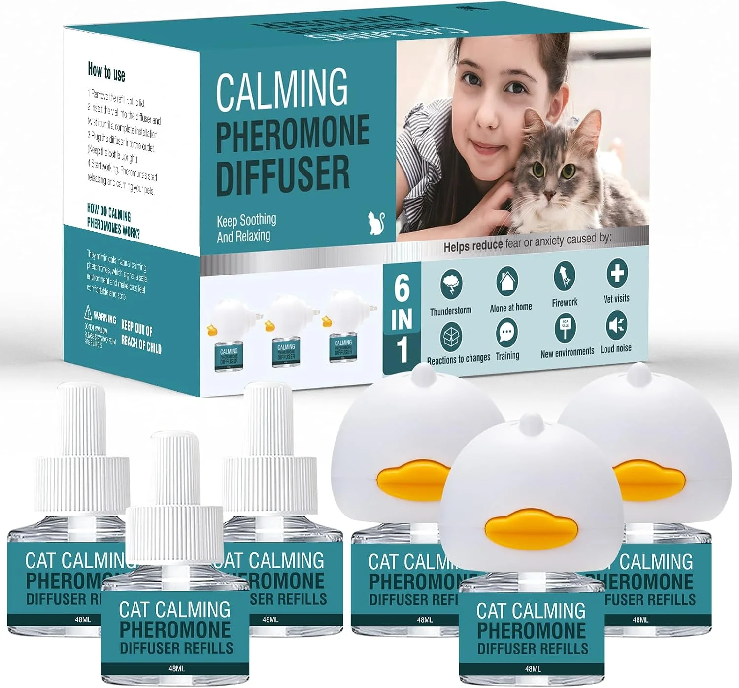 6 in 1 Cat Calming Diffuser Multicat Calming Pheromones Diffusers Relief Stress Scratching Anxiety Fighting 90 Days Calm Relaxing Pheromone for Cats kit